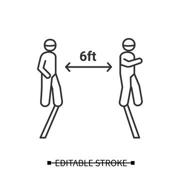 Social distance icon. People keeping 6 ft apart for covid infection prevention line pictogram. Concept of personal safety instruction during corona virus outbreak. Editable stroke vector illustration