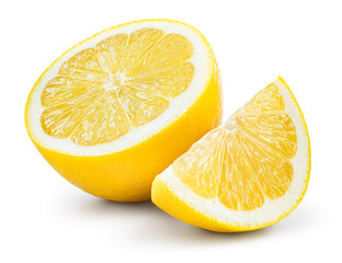 Lemon fruit isolate. Lemon half, slice on white. Lemon slices with zest isolated. With clipping...