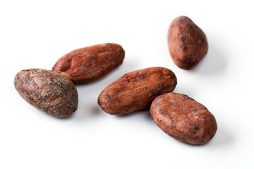 Unpeeled Cocoa Beans on White Background Closeup