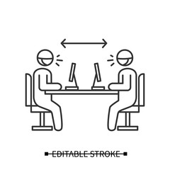 Office distance icon. Coughing office workers line pictogram. Concept of covid infection prevention, openspace and coworking social distancing instruction. Editable stroke vector illustration