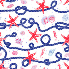 Nautical vector seamless pattern with navy marine rope, red starfish, shells, seahorse © lavendertime