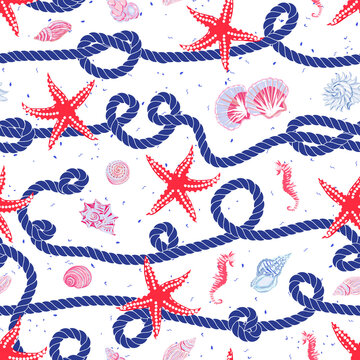 Nautical vector seamless pattern with navy marine rope, red starfish, shells, seahorse
