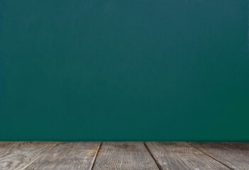 Blank green Chalkboard Background. Empty Wooden table. back to school concept.