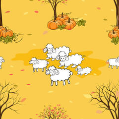 Seamless pattern of autumn farm field with family of lambs, pumpkin under old tree and leaves falling during autumn season in yellow foliage, Flat cartoon vector seamless for autumn background