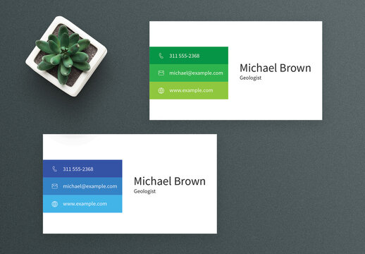 Business Card Layout with Green and Blue Accent