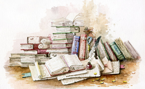 Old library. Old books, folios, and scrolls. Books drawn in watercolor on paper. Ancient manuscript. An open book on the table. Beautiful illustration with ancient books and scrolls.