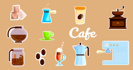 Set of flat coffee stickers. Vector illustration
