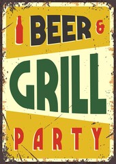 Retro poster. Grill and beer party for camping