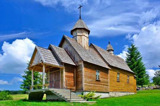 Old wooden  catholic church in Oderne village near Gorlice, Low Beskids (Beskid Niski), Poland