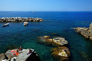 Ligurian Mediterranean coast near Riomaggiore, Italy, Europe