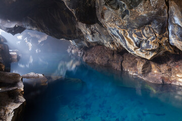 Grjótagjá, small lava cave near lake Mývatn with a thermal spring inside. Myvatn, North Iceland, Iceland, Europe