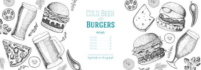 Pub food menu. Beer and burgers vector illustration. Fast food, junk food frame. Elements for burgers restaurant menu design. Engraved image, retro style.