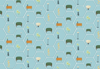 Cute seamless pattern. Vintage furniture against baby blue shapes.