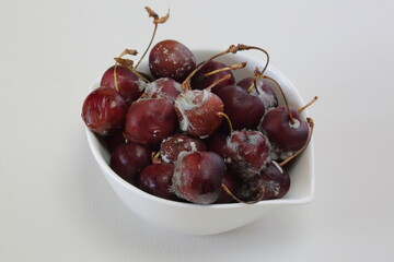 Spoiled cherries in bowl close up