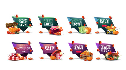 Autumn sale, large collection of modern discount banners in abstract forms, buttons and autumn elements. Green and pink geometrical autumn discount banners isolated on white background