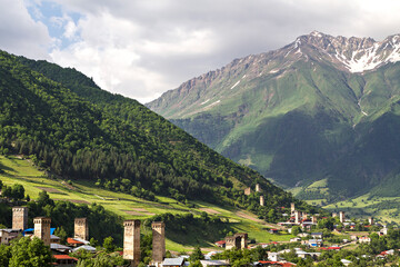 Mountain town Mestia in Caucasus Mountains, Georgia