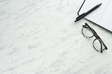 Office, blogger desk with empty space or product display, marble background for text message,...