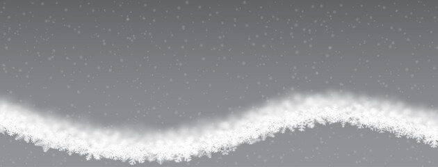 Christmas background of snowflakes of different shape, blur and transparency, wave shaped, on gray background