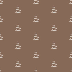 Coffee cup hand drawn pattern. Seamless vector illustration isolated on brown background.