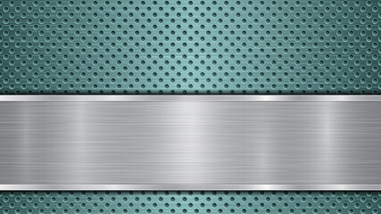 Background of light blue perforated metallic surface with holes and horizontal silver polished plate with a metal texture, glares and shiny edges