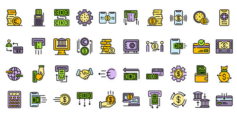 Money transfer icons set. Outline set of Money transfer vector icons thin line color flat on white