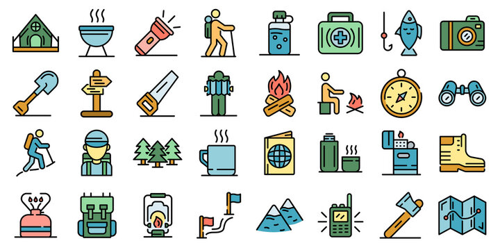 Hiking Icons Set. Outline Set Of Hiking Vector Icons Thin Line Color Flat On White