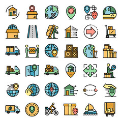 Relocation icons set. Outline set of relocation vector icons thin line color flat on white