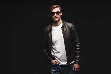 Obraz premium Fashion man, Handsome serious beauty male model portrait wear sunglasses and leather jacket, young guy over black background