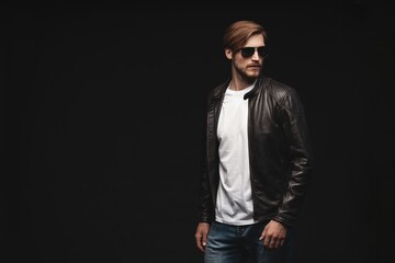 Fashion man, Handsome serious beauty male model portrait wear sunglasses and leather jacket, young guy over black background