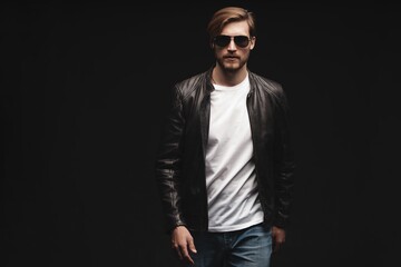 Fototapeta na wymiar Fashion man, Handsome serious beauty male model portrait wear sunglasses and leather jacket, young guy over black background