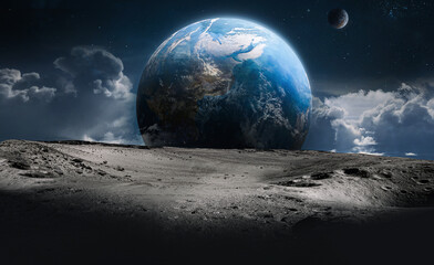 Oppervlak van de maan en wolken. Aarde op de achtergrond. Apollo ruimteprogramma. Sci-fi behang. Elementen van deze afbeelding geleverd door NASA