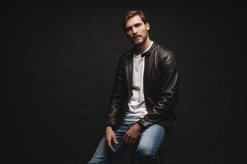 Fashion man, Handsome serious beauty male model portrait wear leather jacket, young guy over black...