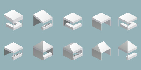 Set canopy tent trade event isometry, folding promotional outdoor advertising show pop-up © hadeev