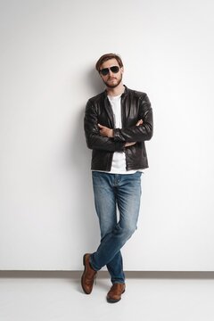 Fashion man, Handsome serious beauty male model portrait wear sunglasses and leather jacket, young guy over white background