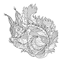 Black outline of a large beautiful squirrel with a nut for coloring, zentangle style, oriental pattern, thin lines of interlacing with curls