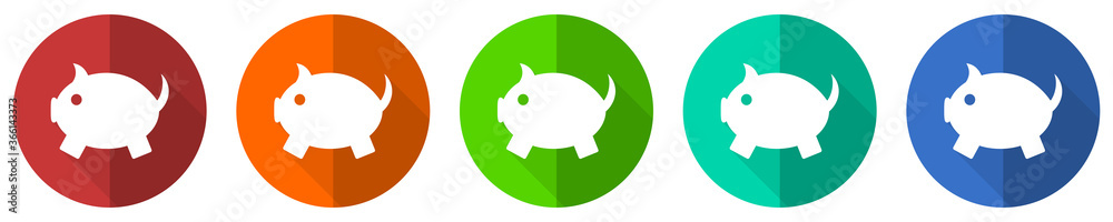Poster piggy bank icon set, red, blue, green and orange flat design web buttons isolated on white backgroun