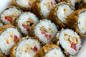 warm rolls with meat and vegetable slices. Japanese cuisine