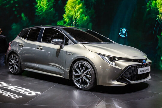 GENEVA, SWITZERLAND - MARCH 6, 2018: New Toyota Auris Hybrid car showcased at the 88th Geneva International Motor Show.
