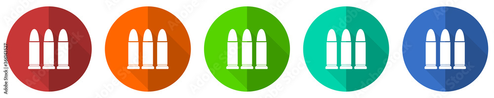 Poster ammunition icon set, red, blue, green and orange flat design web buttons isolated on white backgroun