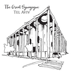 Drawing sketch illustration of the Great Synagogue in Tel Aviv