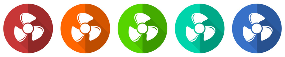 Fan icon set, red, blue, green and orange flat design web buttons isolated on white background, vector illustration