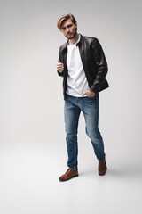 Fashion man, Handsome serious beauty male model portrait wear leather jacket, young guy over white background