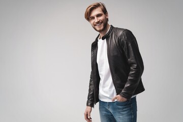 Fashion man, Handsome serious beauty male model portrait wear leather jacket, young guy over white background