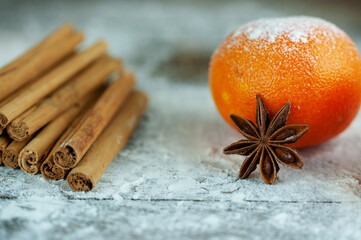 delicious fresh muffins with flour on a wooden table