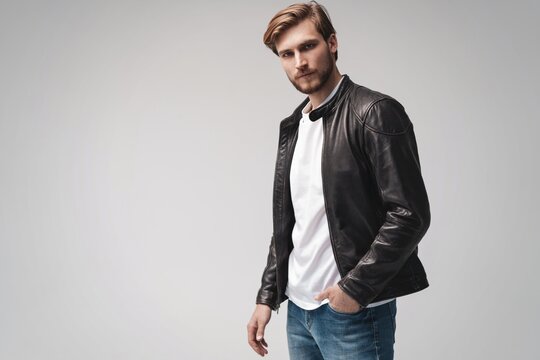 Fashion man, Handsome serious beauty male model portrait wear leather jacket, young guy over white background
