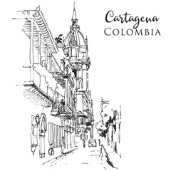 Sketch illustration of Cartagena, Colombia - obrazy, fototapety, plakaty