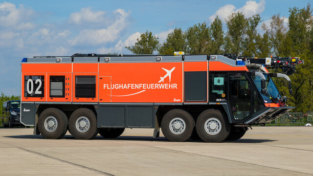 BERLIN, GERMANY - APR 27, 2018: Ziegler Airport Fire Fighting and Rescue Vehicle on Berlin-Schonefeld Airport.