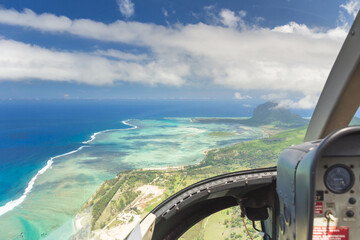 View from helicopter of Le Morne Brabant peninsula. Mauritius landscape