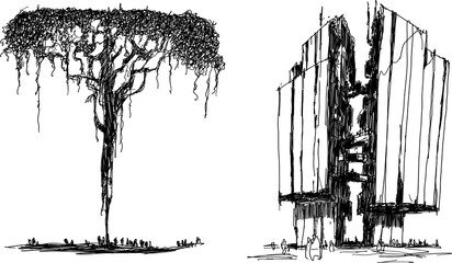 two hand drawn artistic pen sketches of modern high futuristic buildings and tall treelike structure with people around