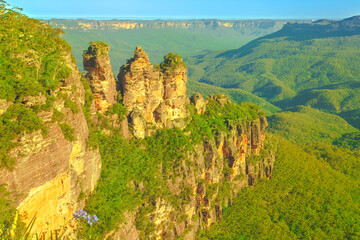 Three Sisters from Echo Point in Blue Mountains National Park, Katoomba, New South Wales, Australia. Popular landmark sandstone cliffs rock formation, one of the best-known attractions.